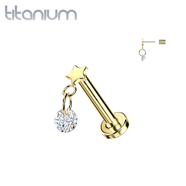 Implant Grade Titanium Gold PVD Star With White CZ Dangle Threadless Labret With Flat Back - Pierced Universe