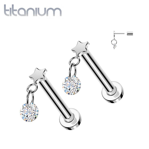 Pair of Implant Grade Titanium Tiny Star White CZ Dangle Push In Threadless Earrings Flat Back - Pierced Universe