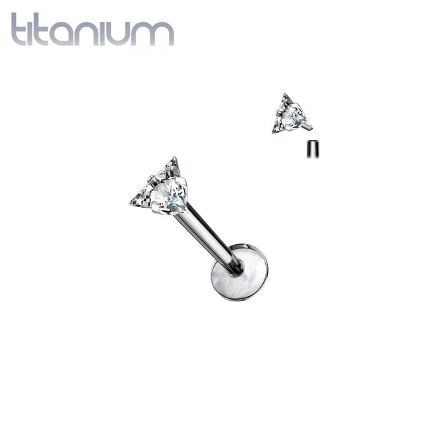 Implant Grade Titanium White CZ Triangle Internally Threaded Flat Back Labret - Pierced Universe