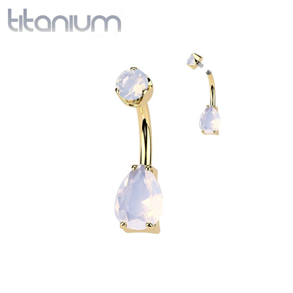 Implant Grade Titanium Gold PVD Rose Quartz Stone Teardrop Internally Threaded Belly Ring - Pierced Universe