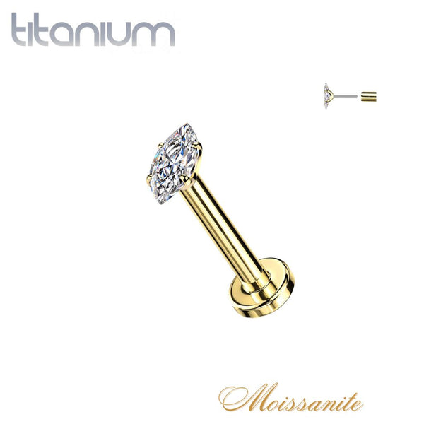 Implant Grade Titanium Gold PVD White Moissanite Marquise Gem Threadless Push In Labret With Flat Back