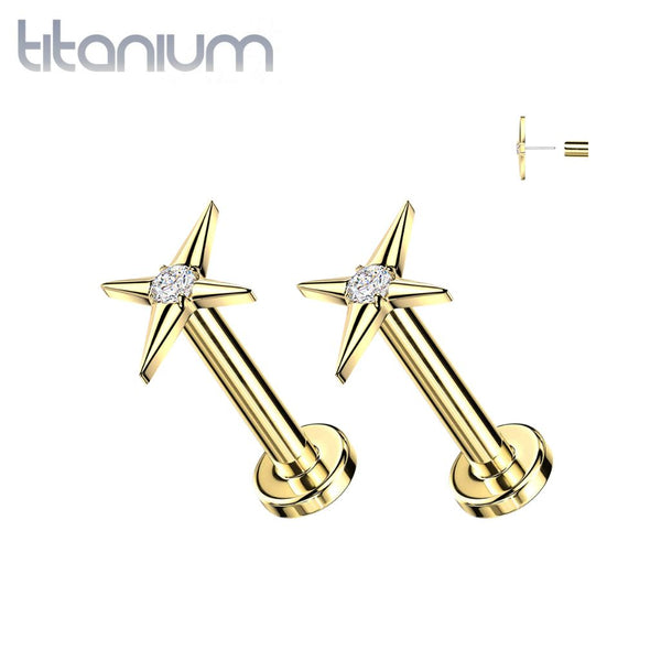 Pair of Implant Grade Titanium Gold PVD White CZ Large Four Point Star Threadless Earring Studs with Flat Back