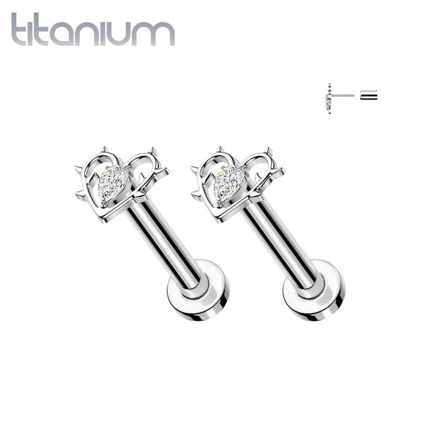 Pair of Implant Grade Titanium White CZ Heart With Thorns Push In Threadless Earring Studs with Flat Back