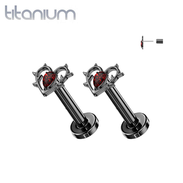 Pair of Implant Grade Titanium Black PVD Red CZ Heart With Thorns Push In Threadless Earring Studs Flat Back