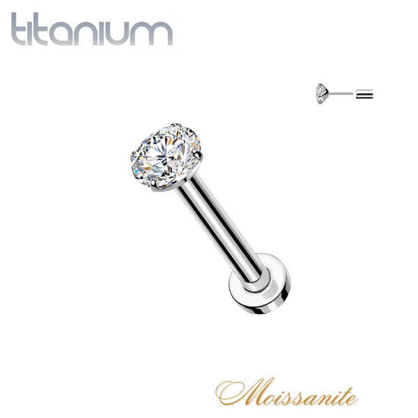 Implant Grade Titanium White Moissanite Gem Threadless Push In Labret With Flat Back
