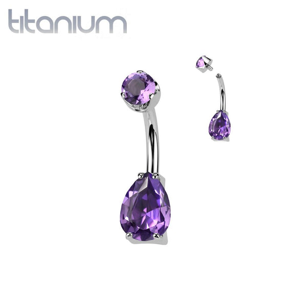 Implant Grade Titanium Amethyst Stone Teardrop Internally Threaded Belly Ring - Pierced Universe