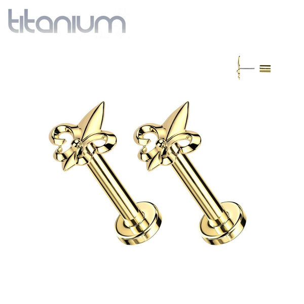 Pair of Implant Grade Titanium Gold PVD Fleur De Lis Threadless Earring Studs with Flat Back