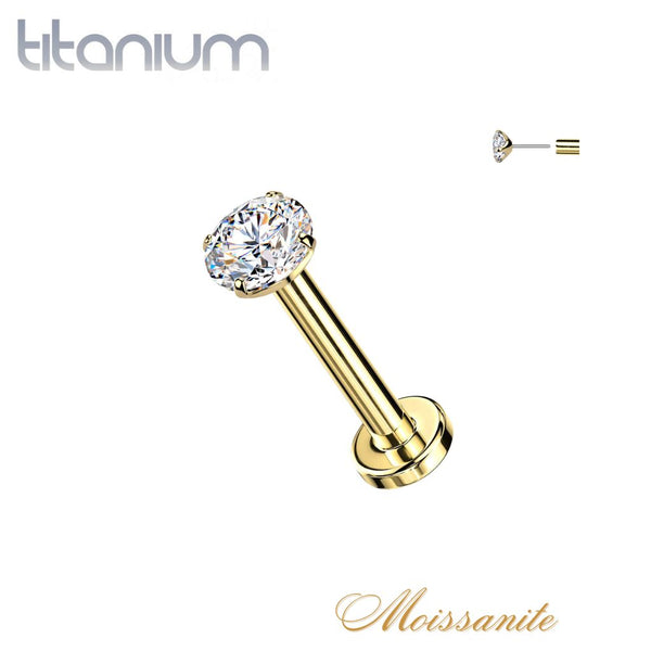 Implant Grade Titanium Gold PVD White Moissanite Gem Threadless Push In Labret With Flat Back