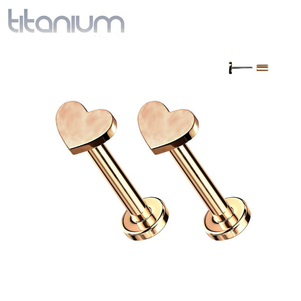 Pair of Implant Grade Titanium Rose Gold PVD Dainty Threadless Heart Earring Studs with Flat Back - Pierced Universe