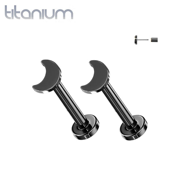Pair of Implant Grade Titanium Black PVD Dainty Threadless Moon Earring Studs with Flat Back - Pierced Universe