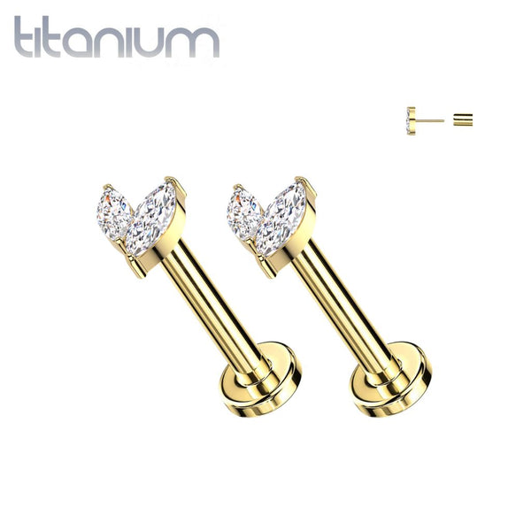 Pair of Implant Grade Titanium Gold PVD White CZ Leaf Marquise Gem Push In Threadless Earrings With Flat Back - Pierced Universe