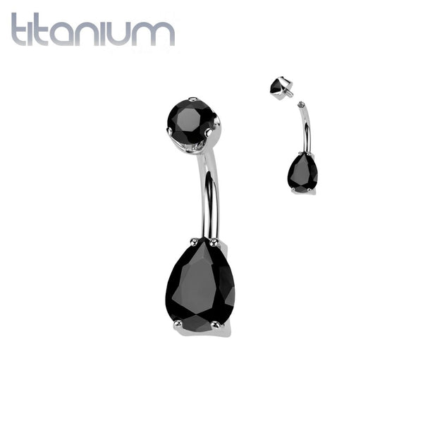 Implant Grade Titanium Black Agate Stone Teardrop Internally Threaded Belly Ring - Pierced Universe