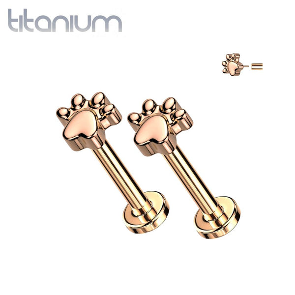 Pair of Implant Grade Titanium Rose Gold PVD Paw Print Push In Earrings With Flat Back - Pierced Universe