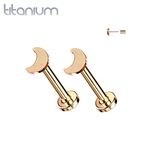 Pair of Implant Grade Titanium Rose Gold PVD Dainty Threadless Moon Earring Studs with Flat Back - Pierced Universe