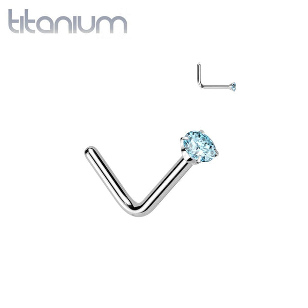 Implant Grade Titanium Aqua CZ L Shape Nose Stud - Pierced Universe