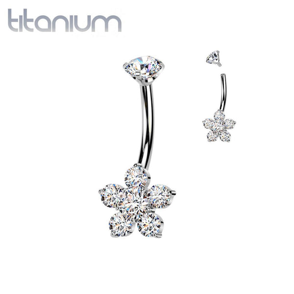 Implant Grade Titanium White CZ 5 Petal Flower Internally Threaded Belly Ring - Pierced Universe