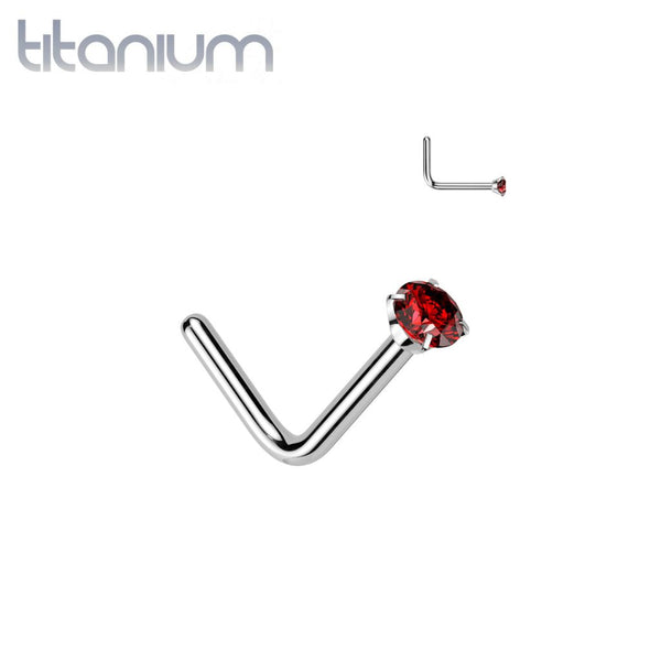Implant Grade Titanium Red CZ L Shape Nose Stud - Pierced Universe