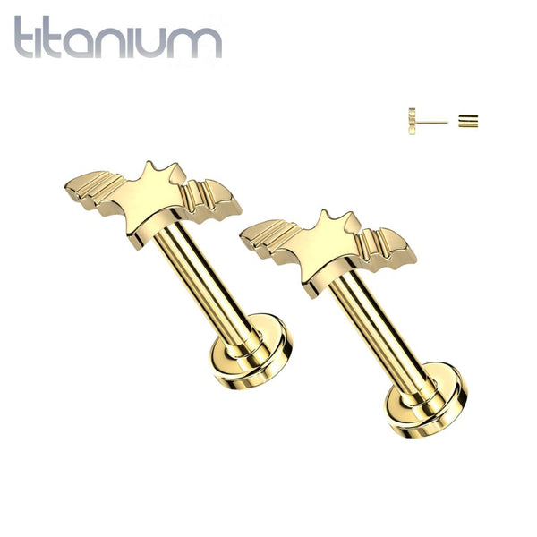 Pair of Implant Grade Titanium Gold PVD Winged Flying Bat Push In Threadless Earring Studs Flat Back