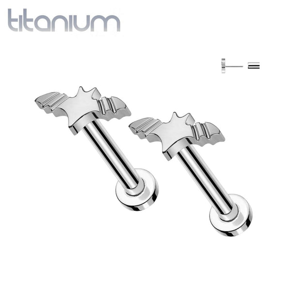 Pair of Implant Grade Titanium Winged Flying Bat Push In Threadless Earring Studs Flat Back