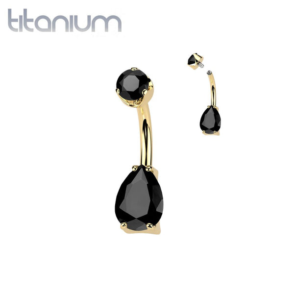 Implant Grade Titanium Gold PVD Black Agate Stone Teardrop Internally Threaded Belly Ring - Pierced Universe