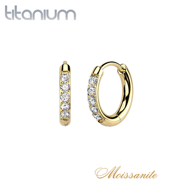 Pair of Implant Grade Titanium Gold PVD White Moissanite Gem Hinged Hoop Earrings