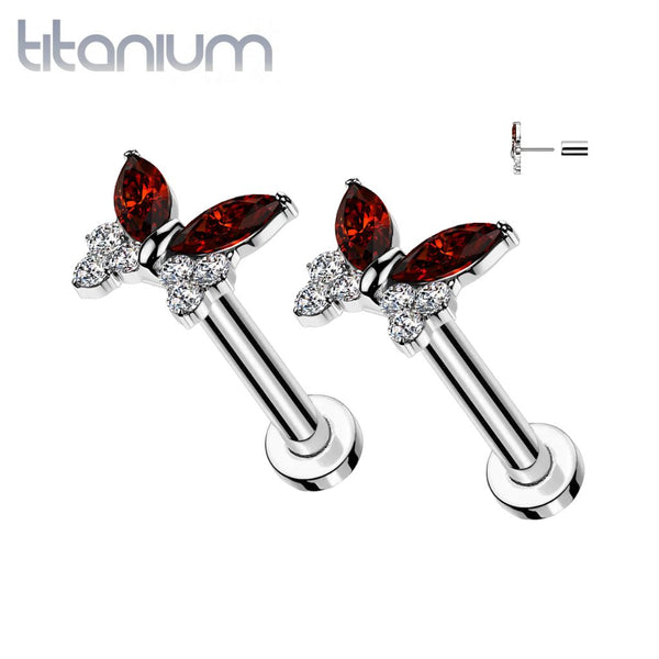 Pair of Implant Grade Titanium Red & White CZ Butterfly Push In Threadless Earrings With Flat Back - Pierced Universe