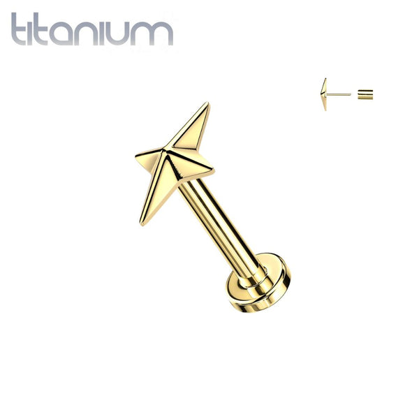 Implant Grade Titanium Gold PVD Four Point Star Threadless Labret With Flat Back - Pierced Universe