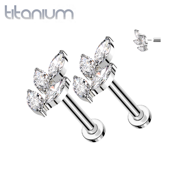 Pair of Implant Grade Titanium Threadless Large White CZ Leaf Push In Earrings With Flat Back - Pierced Universe