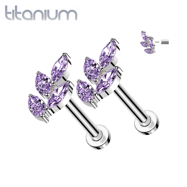 Pair of Implant Grade Titanium Threadless Large Purple CZ Leaf Push In Earrings With Flat Back - Pierced Universe
