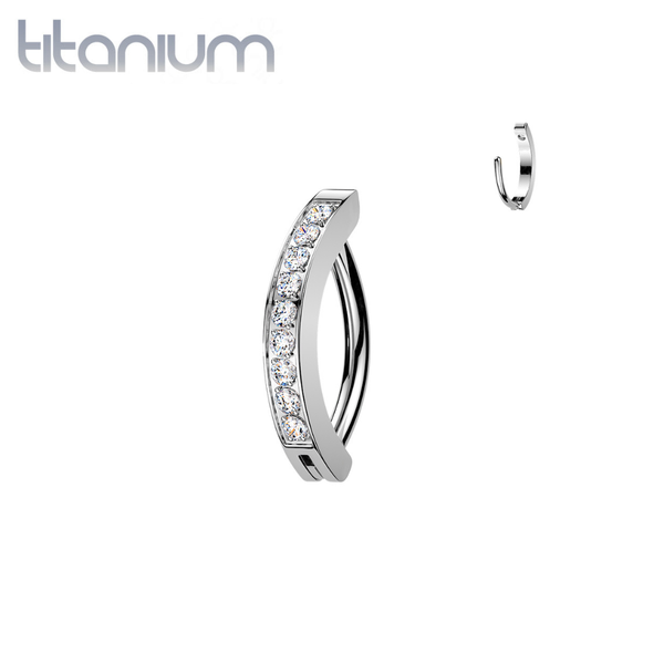 Implant Grade Titanium White CZ Pave Gem Hinged Clicker 16ga Curved Barbell