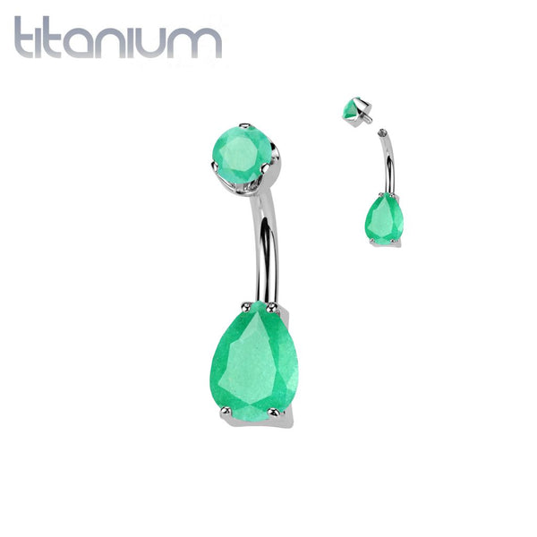 Implant Grade Titanium Green Onyx Teardrop Internally Threaded Belly Ring - Pierced Universe
