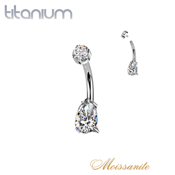 Implant Grade Titanium White Moissanite Teardrop Dainty Internally Threaded Belly Ring