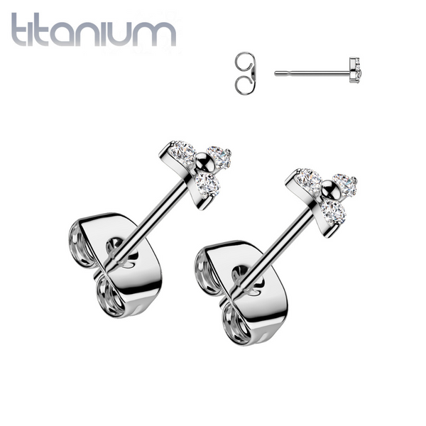 Pair of Implant Grade Titanium White CZ Trillium Stud Earrings - Pierced Universe