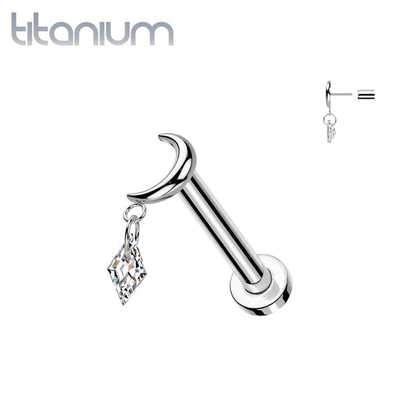 Implant Grade Titanium Crescent Moon White CZ Dangle Push In Threadless Labret With Flat Back - Pierced Universe