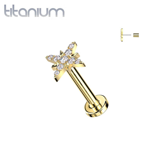 Implant Grade Titanium Gold PVD White CZ Large Starburst Push In Threadless Labret With Flat Back - Pierced Universe