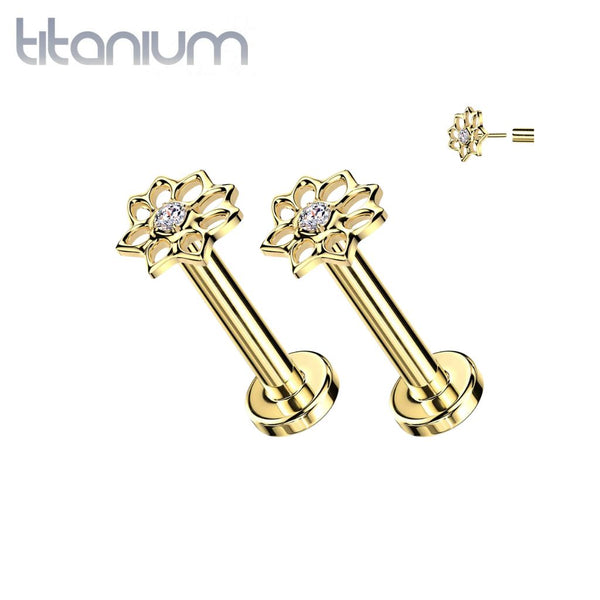 Pair of Implant Grade Titanium Threadless Gold PVD White CZ Lotus Push In Earrings With Flat Back - Pierced Universe