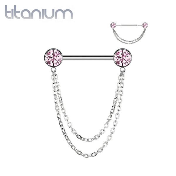 Implant Grade Titanium Pink CZ Bezel Chain Dangle Threadless Push In Straight Barbell Nipple Ring - Pierced Universe