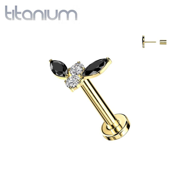 Implant Grade Titanium Gold PVD Black & White Marquise Curved Gem Threadless Push In Labret With Flat Back