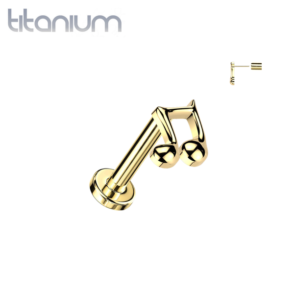Implant Grade Titanium Gold PVD Large Music Note Threadless Push In Labret With Flat Back