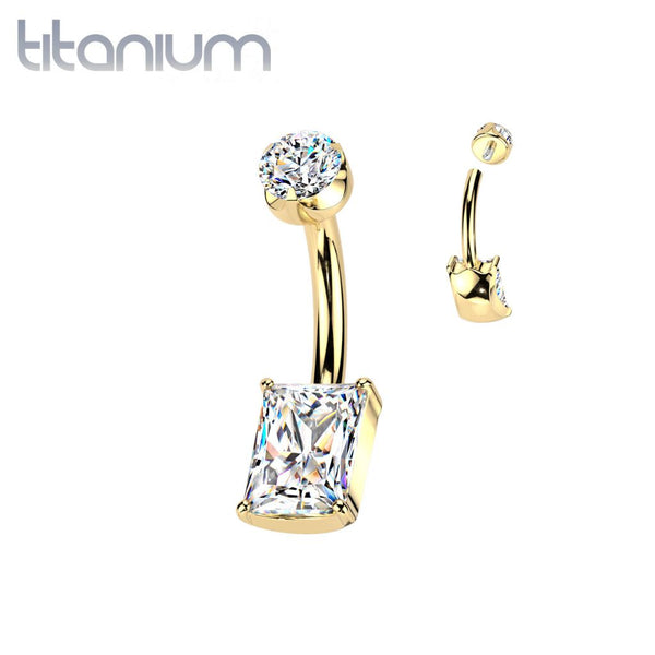 Implant Grade Titanium Gold PVD White CZ Rectangle Clawed Internally Threaded Belly Ring - Pierced Universe