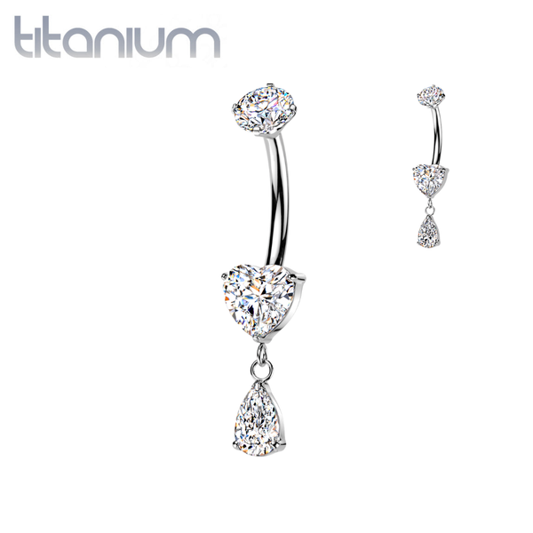 Implant Grade Titanium White CZ Heart Gem Teardrop Dangle Belly Ring