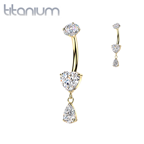 Implant Grade Titanium Gold PVD White CZ Heart Gem Teardrop Dangle Belly Ring