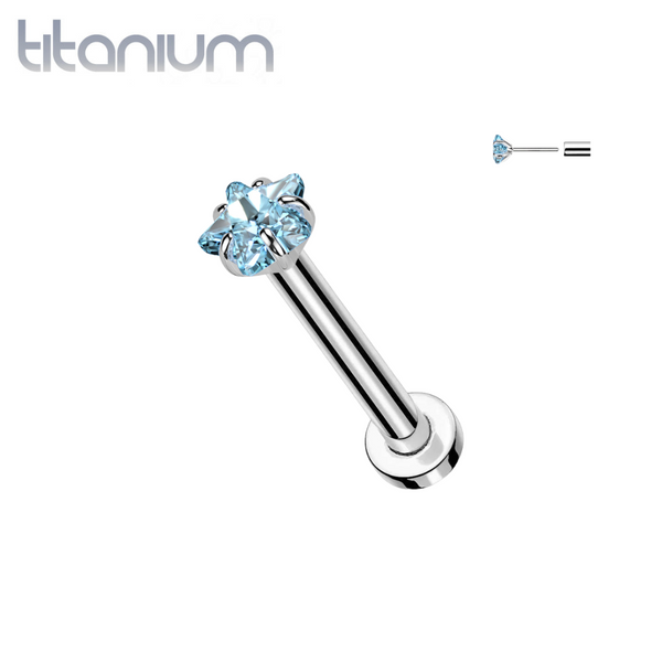 Implant Grade Titanium Threadless Aqua CZ Star Shaped Gem Push In Labret With Flat Back - Pierced Universe