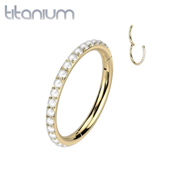 Implant Grade Titanium Gold PVD Pearl Studded Hinged Cartilage Clicker Hoop - Pierced Universe