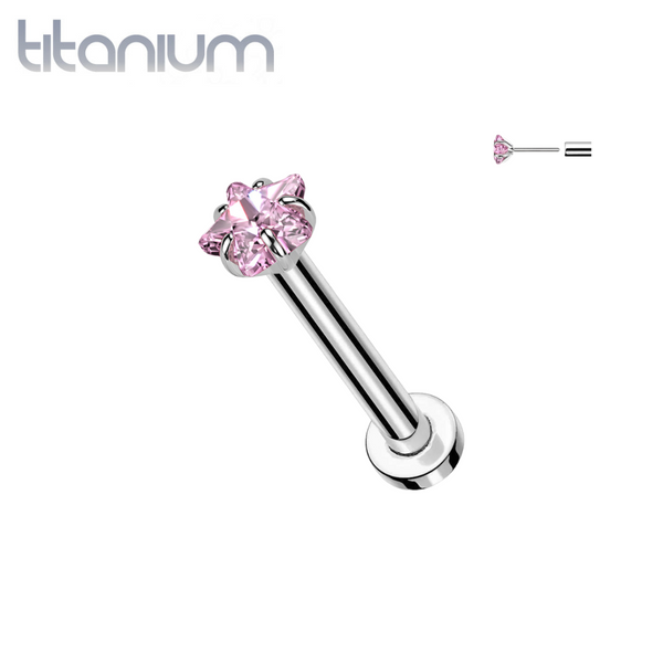 Implant Grade Titanium Threadless Pink CZ Star Shaped Gem Push In Labret With Flat Back - Pierced Universe