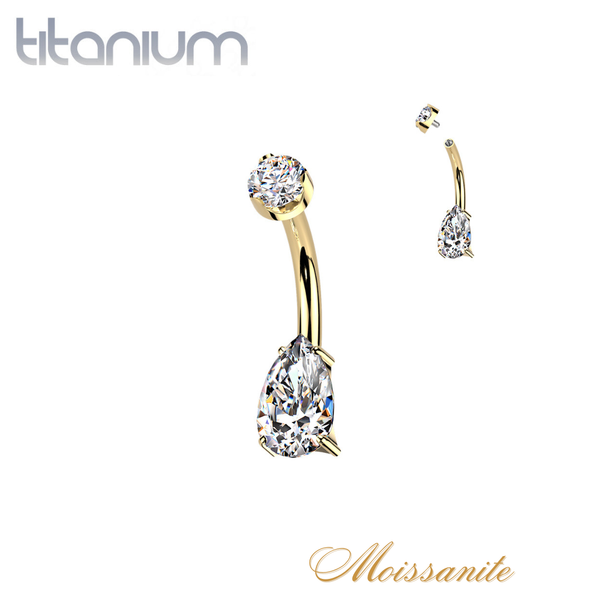 Implant Grade Titanium Gold PVD White Moissanite Teardrop Dainty Internally Threaded Belly Ring - Pierced Universe
