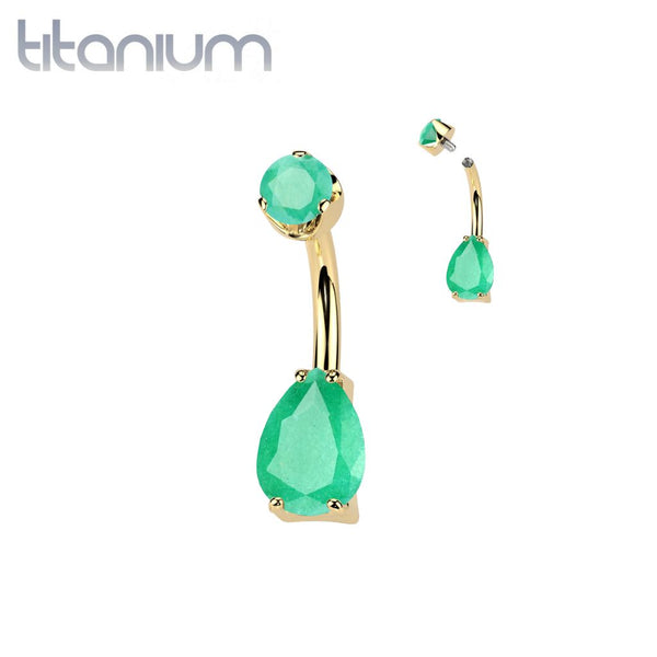 Implant Grade Titanium Gold PVD Green Onyx Teardrop Internally Threaded Belly Ring - Pierced Universe