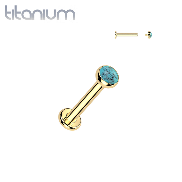 Implant Grade Titanium Gold PVD Turquoise Bezel Internally Threaded Flat Back Labret - Pierced Universe