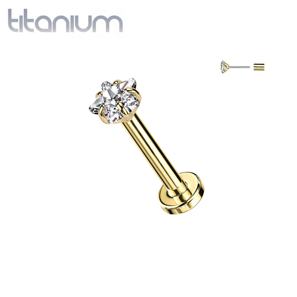 Implant Grade Titanium Threadless Gold PVD Push In White CZ Star Nose Ring With Flat Back - Pierced Universe