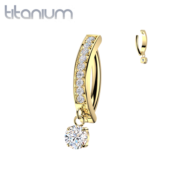 Implant Grade Titanium Gold PVD White CZ Circle Dangle Hinged Clicker Belly Ring